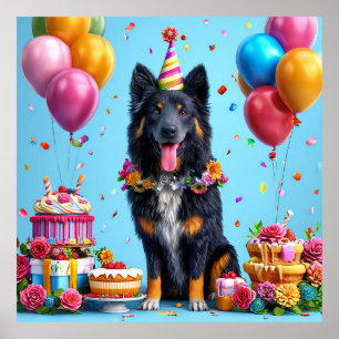 Verjaardagshond met cake en ballonnen poster