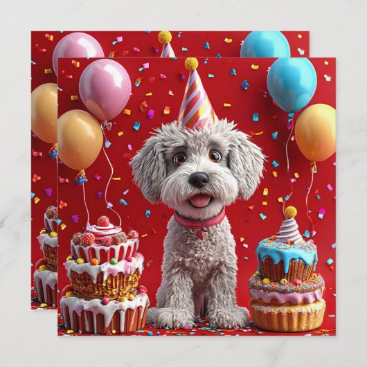 Verjaardagshond met taart en ballonnen kaart (Voorkant / Achterkant)