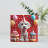 Verjaardagshond met taart en ballonnen kaart (Staand voorkant)