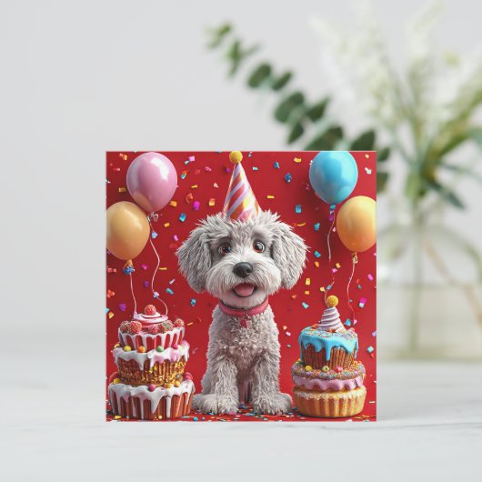 Verjaardagshond met taart en ballonnen kaart (Staand voorkant)