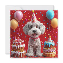 Verjaardagshond met taart en ballonnen