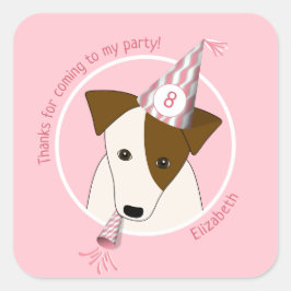 verjaardagshond puppy dragen feest pet meisjes roz vierkante sticker