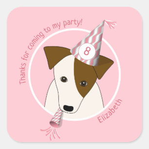 verjaardagshond puppy dragen feest pet meisjes roz vierkante sticker