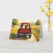 Verjaardagshonden in een rode retro truck kaart (Gele Bloem)