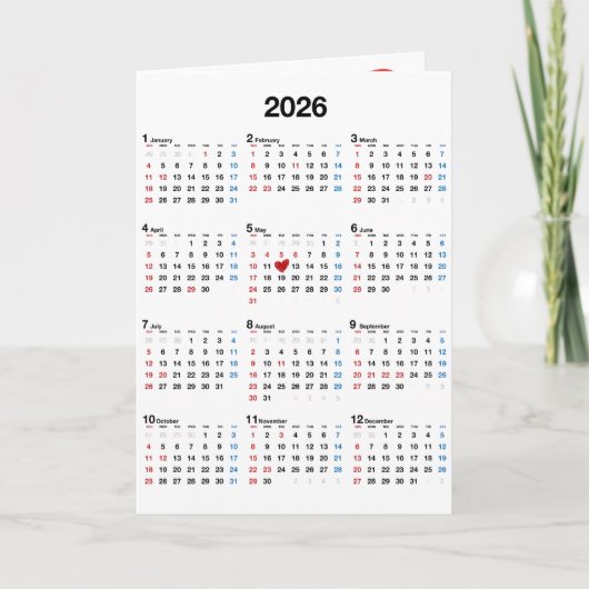 Verjaardagsjaar 2026 met rode hart kaart (Voorkant)