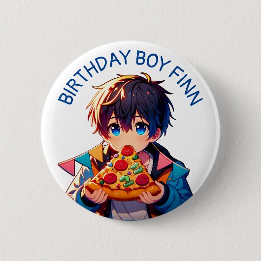 verjaardagsjongen | Anime Boy's Pizza Party Ronde Button 5,7 Cm (Voorkant)