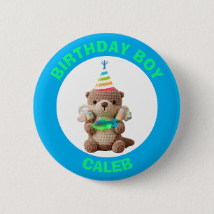 Verjaardagsjongen Blauwe en groene teddybeer Ronde Button 5,7 Cm