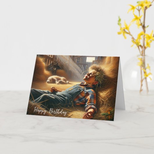 Verjaardagsjongen in schuur Hayloft Kaart (Gele Bloem)