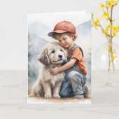 Verjaardagsjongen knuffelhond in Waterverf Kaart (Gele Bloem)