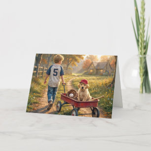 Verjaardagsjongen met een rode wagen en puppy kaart