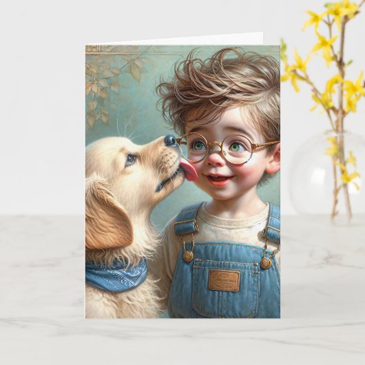 Verjaardagsjongen met huisdier puppy kaart (Gele Bloem)