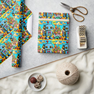 Verjaardagsjongen met retro robot - aanpasbaar cadeaupapier