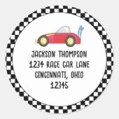Verjaardagsjongen Race Auto Whimsisch Retouradres Ronde Sticker (Voorkant)