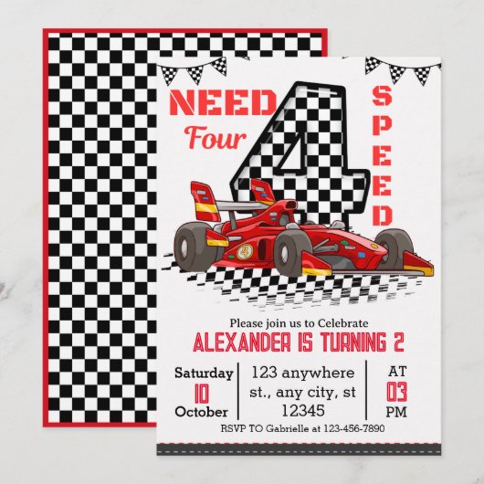 Verjaardagsjongen voor vierversnellingsrace auto n kaart (Voorkant / Achterkant)