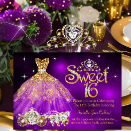 Verjaardagsjurk paars tiara koets Sweet 16 Kaart