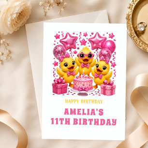 Verjaardagskaart 11 jaar Kuiken Roze Feest Kaart