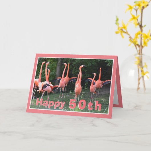 Verjaardagskaart 50 Roze Flamingo Kaart (Gele Bloem)