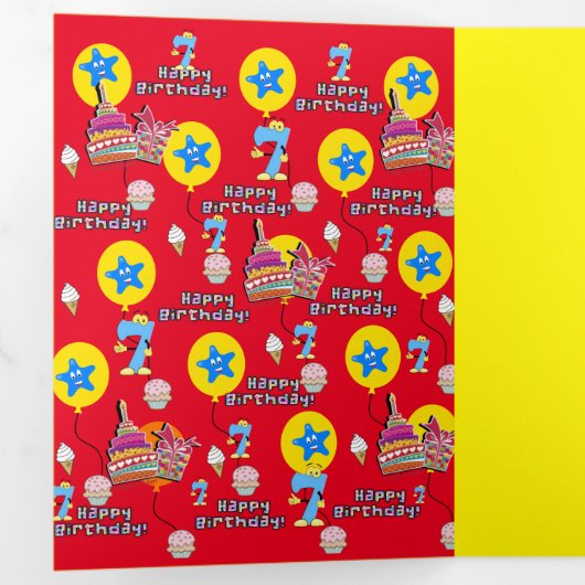 Verjaardagskaart 7 jaar, #7 Rood & Geel Drieluik Kaart (Binnenzijde eerst)