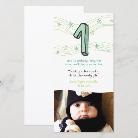 Verjaardagskaart baby 1 jaar nummer 1 bedank foto bedankkaart (Voorkant / Achterkant)