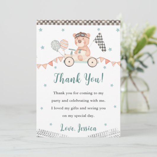 Verjaardagskaart bedankt voor race-autothema feest kaart (Staand voorkant)