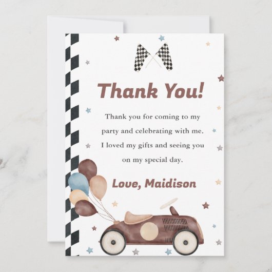 Verjaardagskaart bedankt voor race-autothema verja kaart (Voorkant)