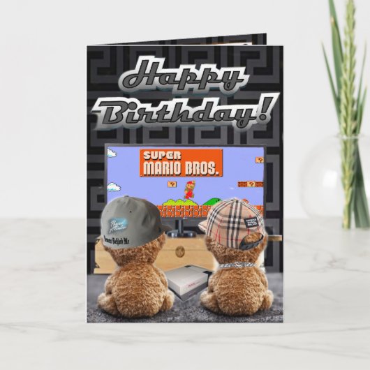 Verjaardagskaart beren spelen Mario Kaart (Voorkant)
