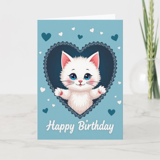 Verjaardagskaart Blauwe Hart Kitten Kaart (Voorkant)