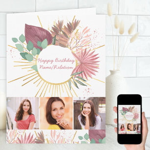 Verjaardagskaart Boho collage met 3 foto's op elke Kaart