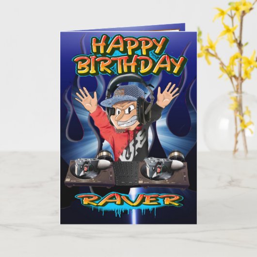 Verjaardagskaart cartoon DJ Kaart (Gele Bloem)