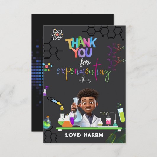 Verjaardagskaart dank je wel voor Mad Science-fees (Voorkant / Achterkant)