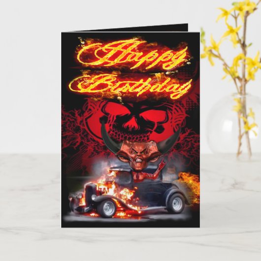 Verjaardagskaart duivel hot rod kaart (Gele Bloem)