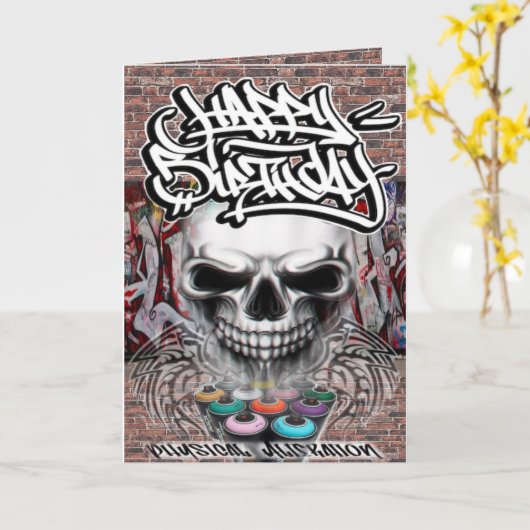 Verjaardagskaart graffiti schedel kaart (Gele Bloem)