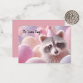 Verjaardagskaart "Grappige wasbeer en ballonnen" Notitiekaartje (Voorkant / Achterkant in situ)