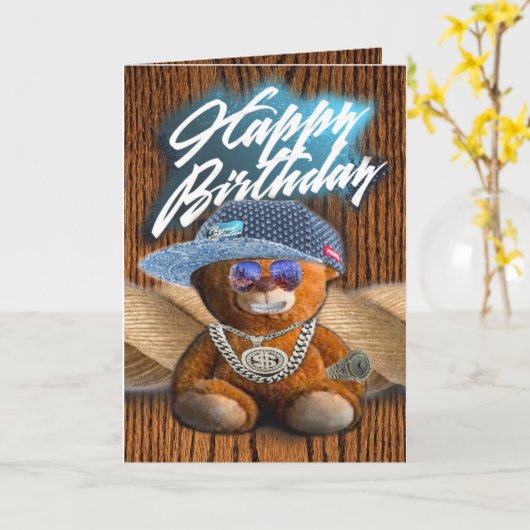 Verjaardagskaart hiphop teddybeer kaart (Gele Bloem)