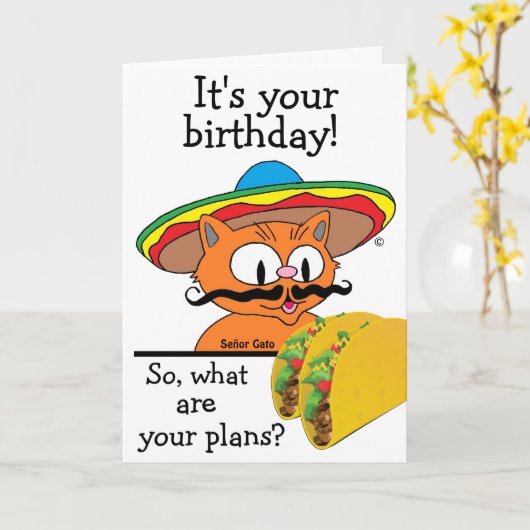 Verjaardagskaart Humoristische Cartoon Kat Tacos W Kaart (Gele Bloem)