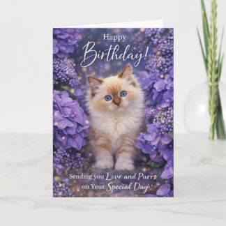 Verjaardagskaart Kat – Mooie Kitten & Paarse Bloem Kaart