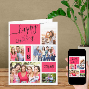 Verjaardagskaart met 5 foto's Roze Gepersonaliseer Kaart
