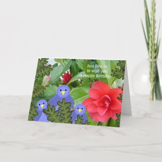 Verjaardagskaart met Blauwe Vogels en Bloemen Kaart (Voorkant)