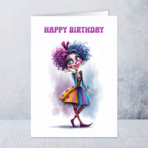 Verjaardagskaart met blije vrouwelijke clown
