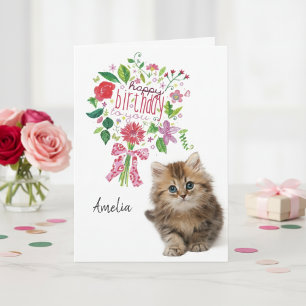 Verjaardagskaart met bloemboeket en cute katje kaart