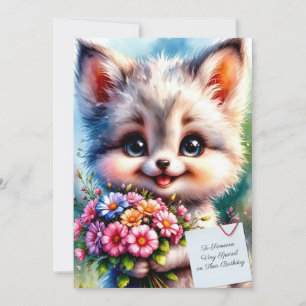Verjaardagskaart met bloemen en een mops hondje kaart