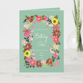 Verjaardagskaart met bloemen en konijn voor een li kaart