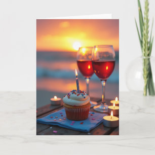 Verjaardagskaart met Cupcake bij Zonsondergang Kaart