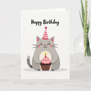 Verjaardagskaart met Cupcake en Cute Kat Kaart