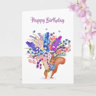 Verjaardagskaart met cute rode eekhoorn met bloeme kaart