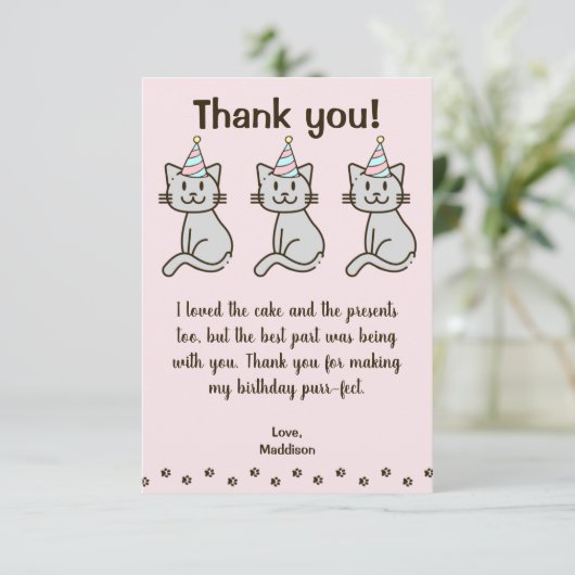 Verjaardagskaart met dank voor een schattige poes bedankkaart (Staand voorkant)