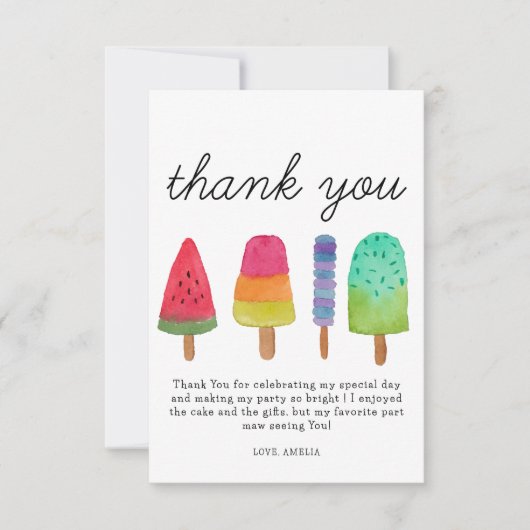 Verjaardagskaart met dank voor het Popsicle-feestj Bedankkaart (Voorkant)