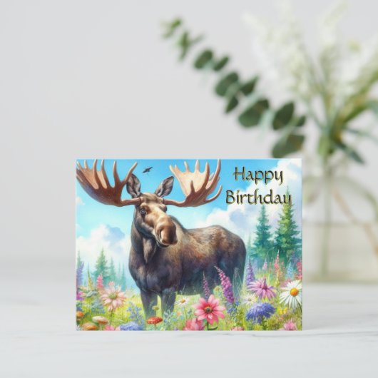 Verjaardagskaart met Eland en Wilde Bloemen Briefkaart (Staand voorkant)