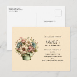 Verjaardagskaart met Fantasiebloemen in een Potpla Uitnodiging Briefkaart