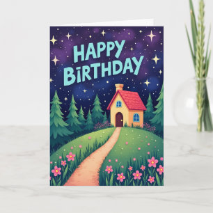 Verjaardagskaart met fantasievol huis kaart